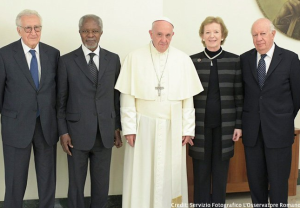 Pope Francis with Elders Lakhdar Brahimi, Kofi Annan, Mary Robinson and Ricardo Lagos meet Pope Francis in November 2017. (Credit- Servizio Fotografico L'Osservatore Romano) Nov 16 2017